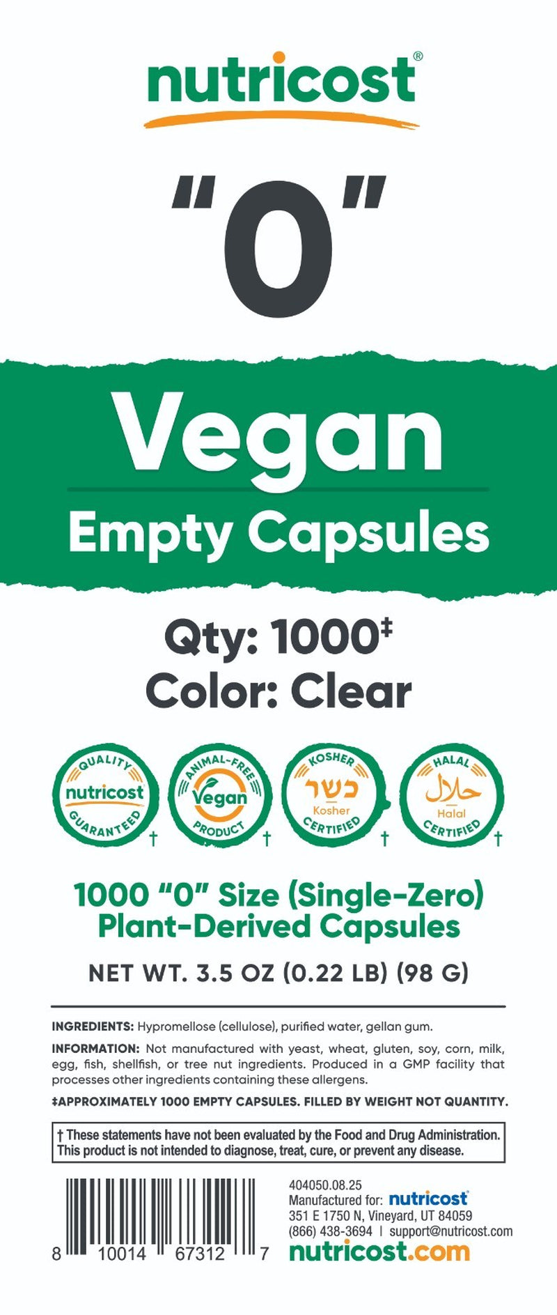 Nutricost Empty Capsules Size 0 Vegan - 1,000 Clear Empty Plant-Based Capsules