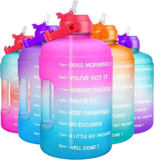 1 Gallon Water Bottle - with Straw & Motivational Time Marker Leak-Proof BPA Free Reusable Gym Sports Outdoor Large(128Oz/73Oz) Capacity Water Jug
