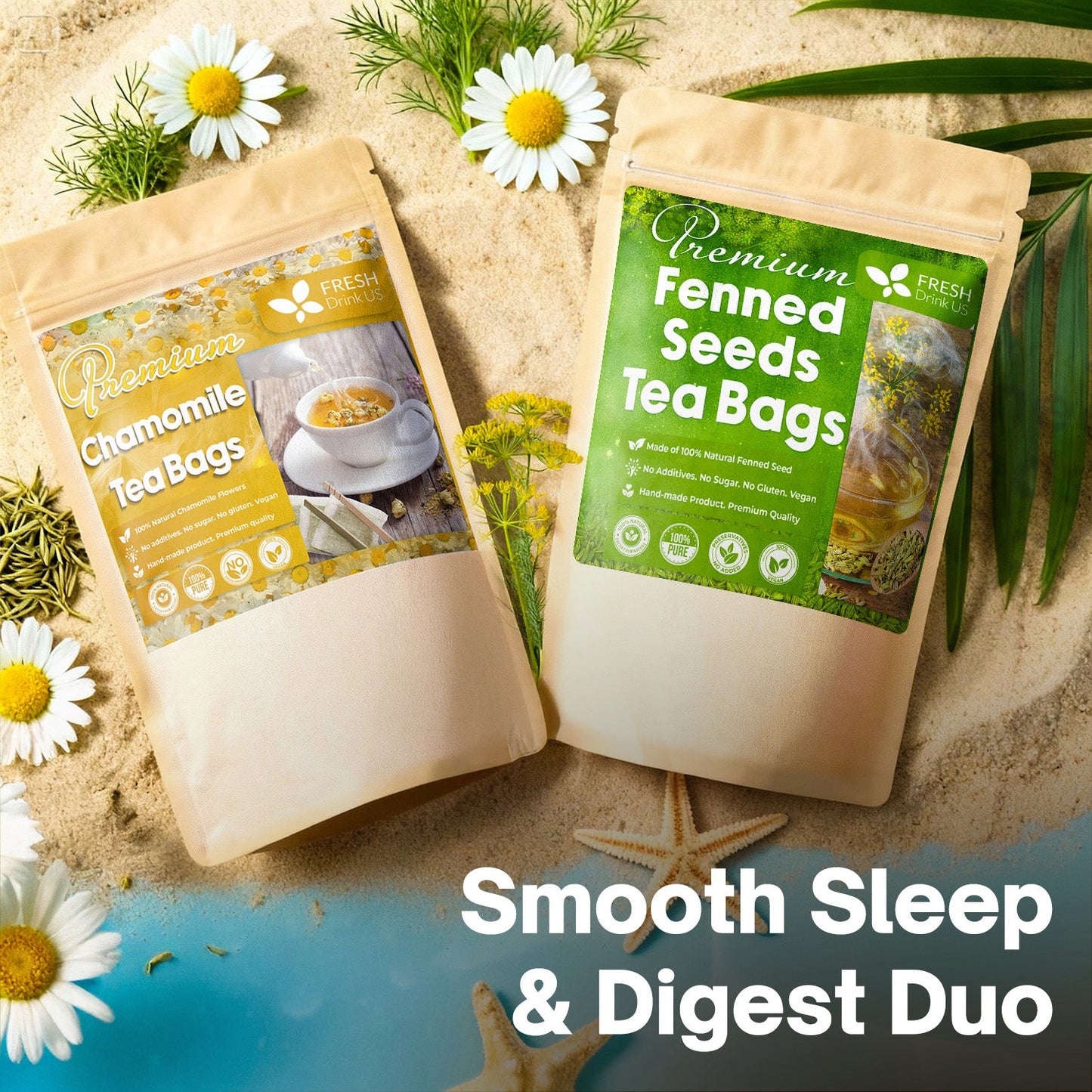 Smooth Sleep & Digest Duo, Chamomile Flower & Fennel Seed Herbal Tea Bags