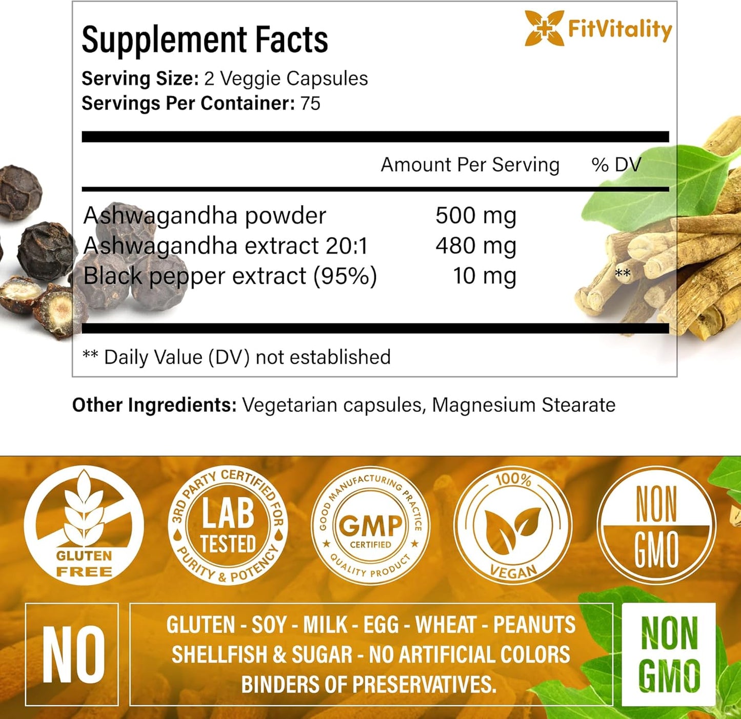 Ashwagandha with Black Pepper Capsules, Non-GMO, Gluten-Free