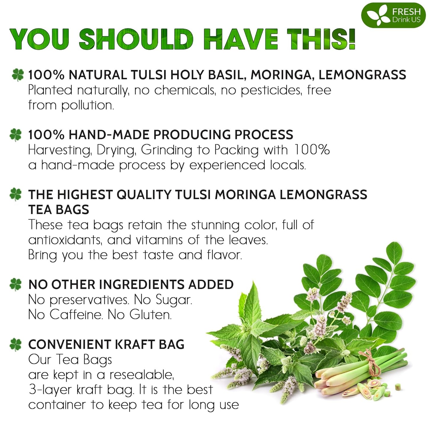Premium Tulsi Moringa Lemongrass  Tea Bags, 100% Natural & Pure from Tulsi Holy Basil Leaves, Moringa & Lemongrass.