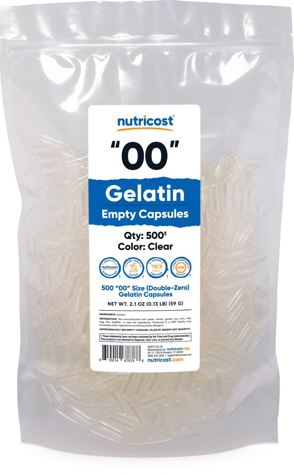 Nutricost Empty Capsules Gelatin Size 00-500 Clear Kosher '00' Gel Capsules