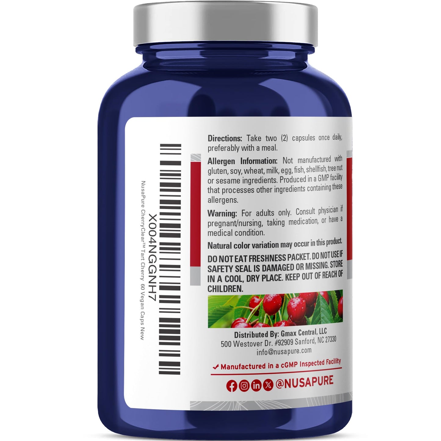 NusaPure CherryClear Tart Cherry 10:1 Extract, 500 mg + Vitamin C + Cherry Seed + Grape Seed 900mg Per Vegan Caps 60 Count