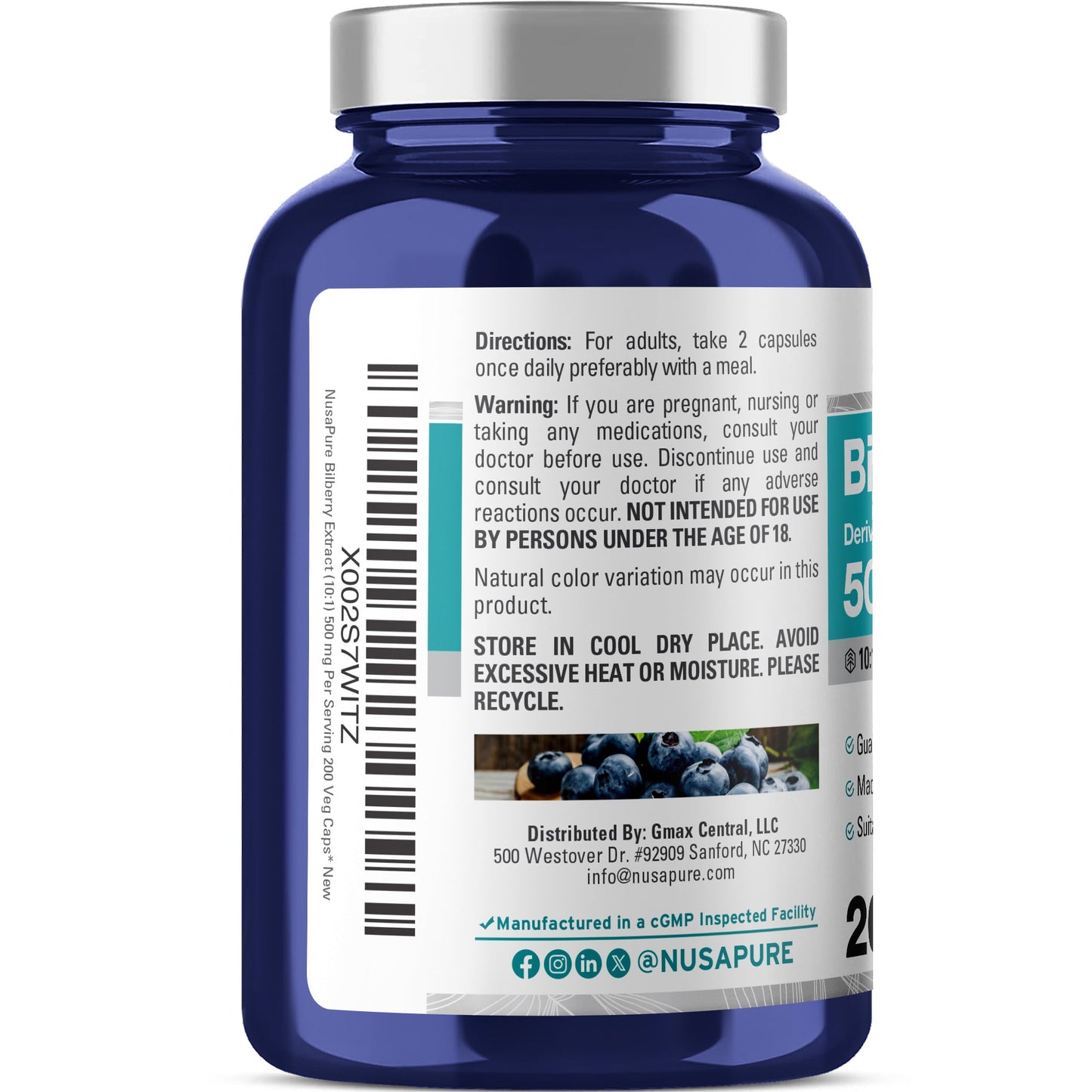 NusaPure Bilberry Extract 500mg 200 Vegetarian caps (Non-GMO, Vegan)