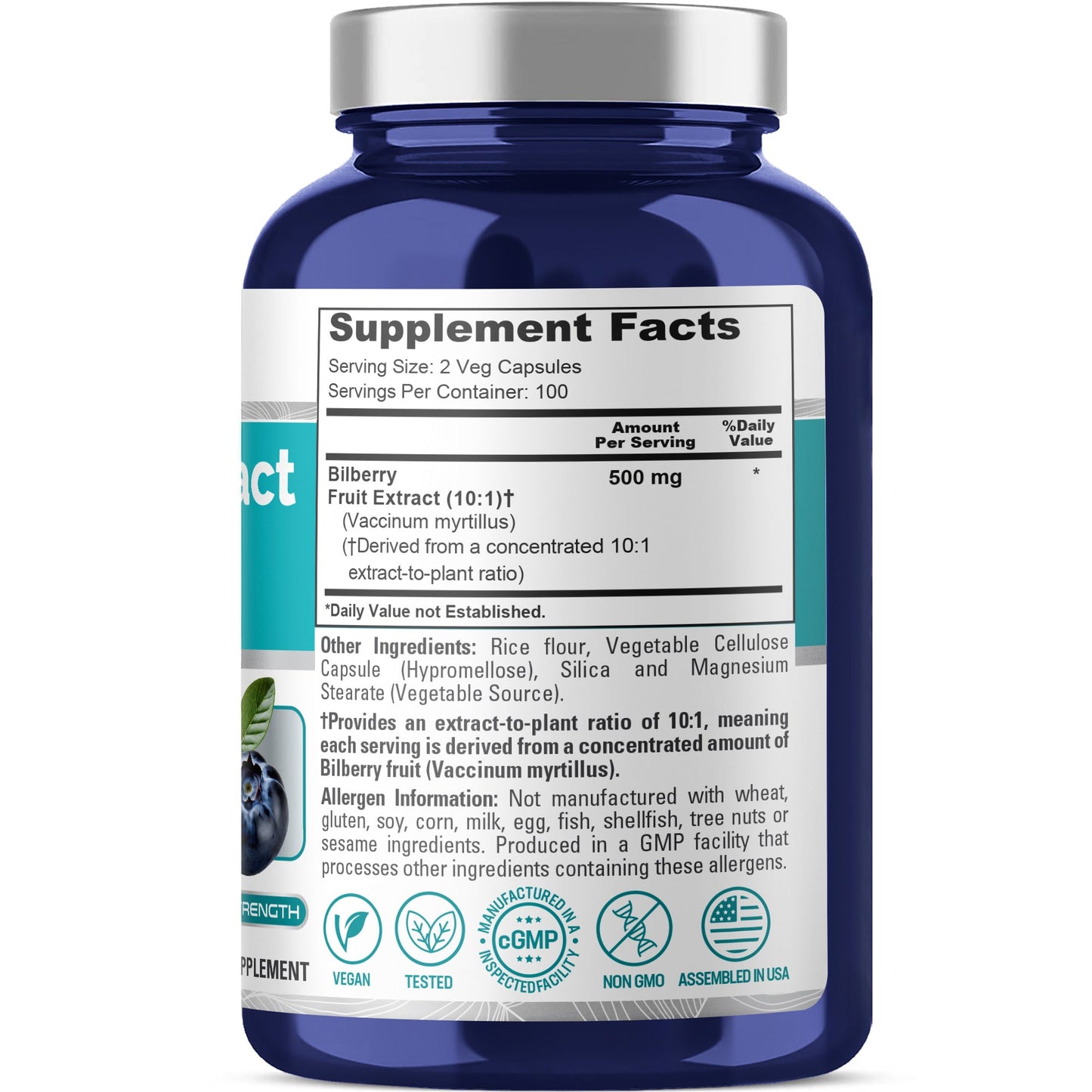 NusaPure Bilberry Extract 500mg 200 Vegetarian caps (Non-GMO, Vegan)