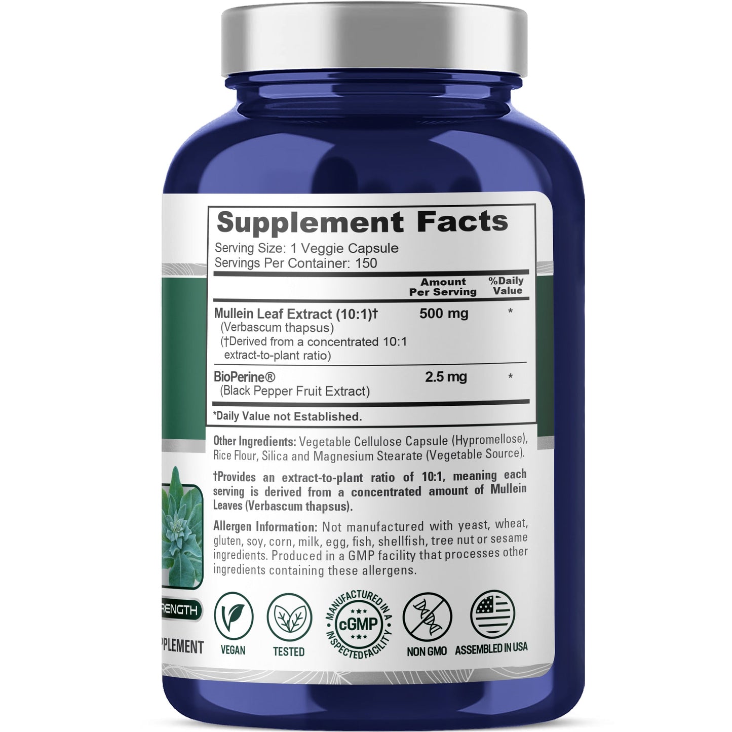 NusaPure Mullein Leaf Capsules 10:1 Extract, 500 mg per Veggie Caps - 150 Count - Verbascum Thapsus (Non-GMO, Vegan) Dietary Supplement