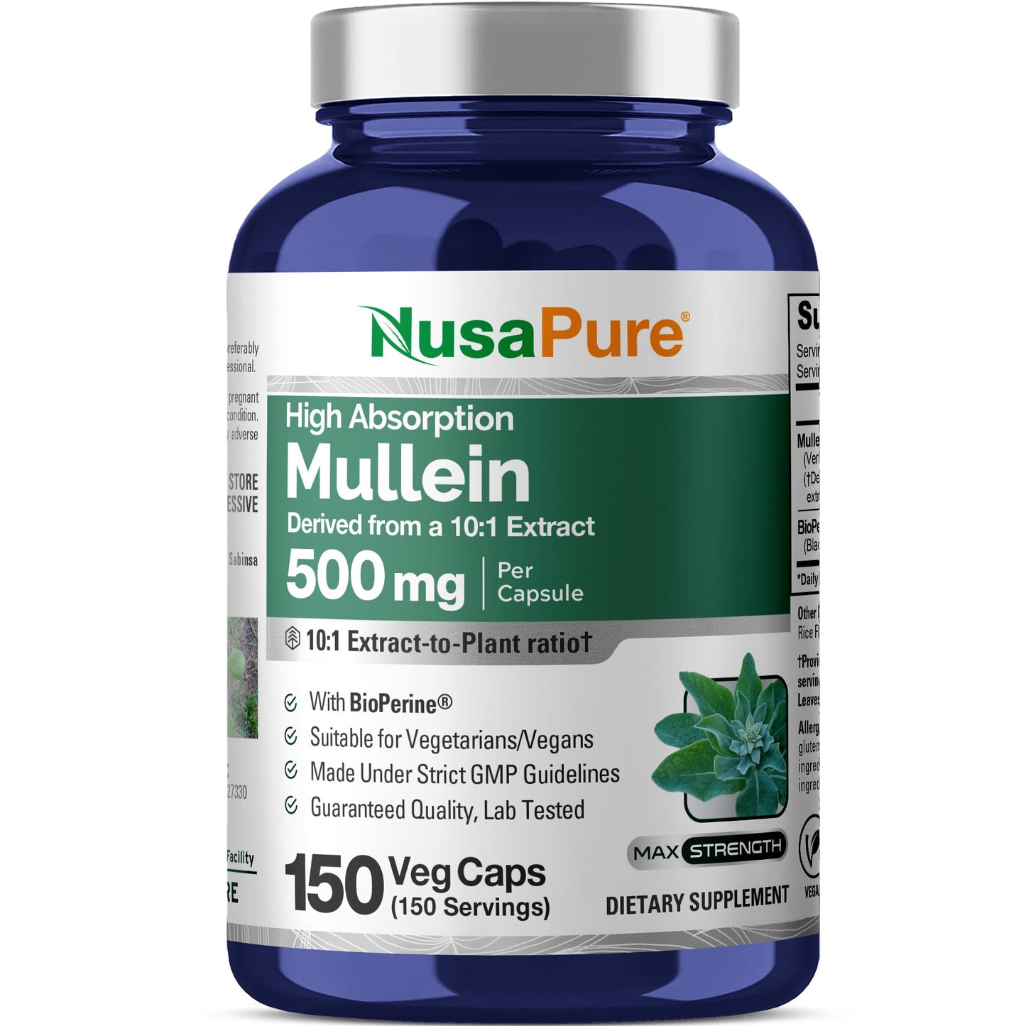 NusaPure Mullein Leaf Capsules 10:1 Extract, 500 mg per Veggie Caps - 150 Count - Verbascum Thapsus (Non-GMO, Vegan) Dietary Supplement