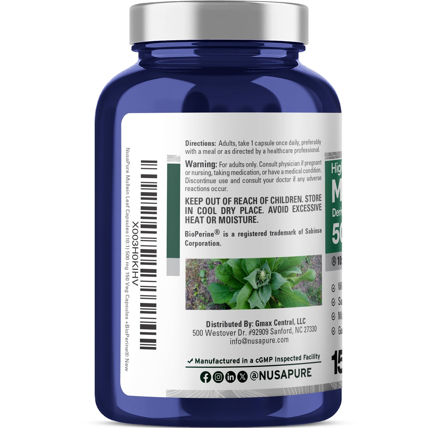 NusaPure Mullein Leaf Capsules 10:1 Extract, 500 mg per Veggie Caps - 150 Count - Verbascum Thapsus (Non-GMO, Vegan) Dietary Supplement