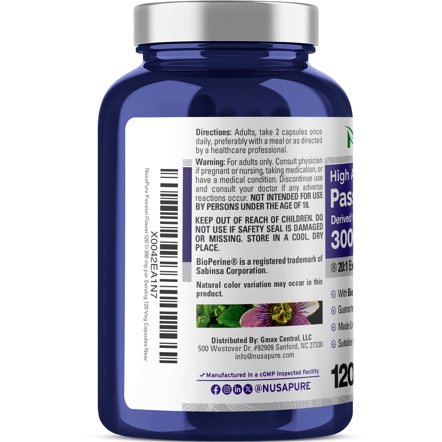 NusaPure Passion Flower 20:1 Extract, 300 mg, 120 Veggie Caps, Non-GMO, Bioperine, Extract Supplement