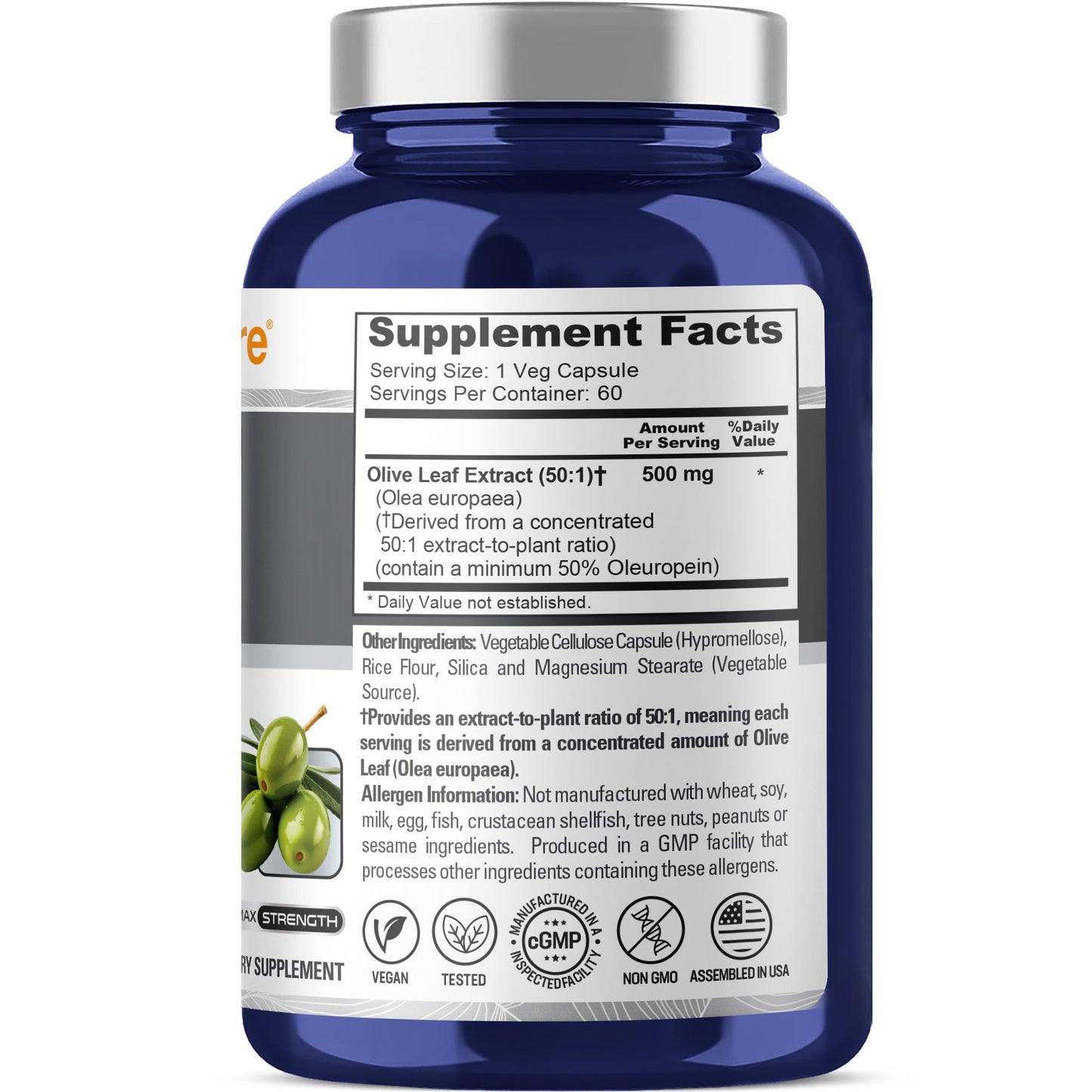 NusaPure Olive Leaf 50:1 Extract, 500 mg - 50% Oleuropein Vegan/Vegetarian - Super Strength No Oil 60 Capsules