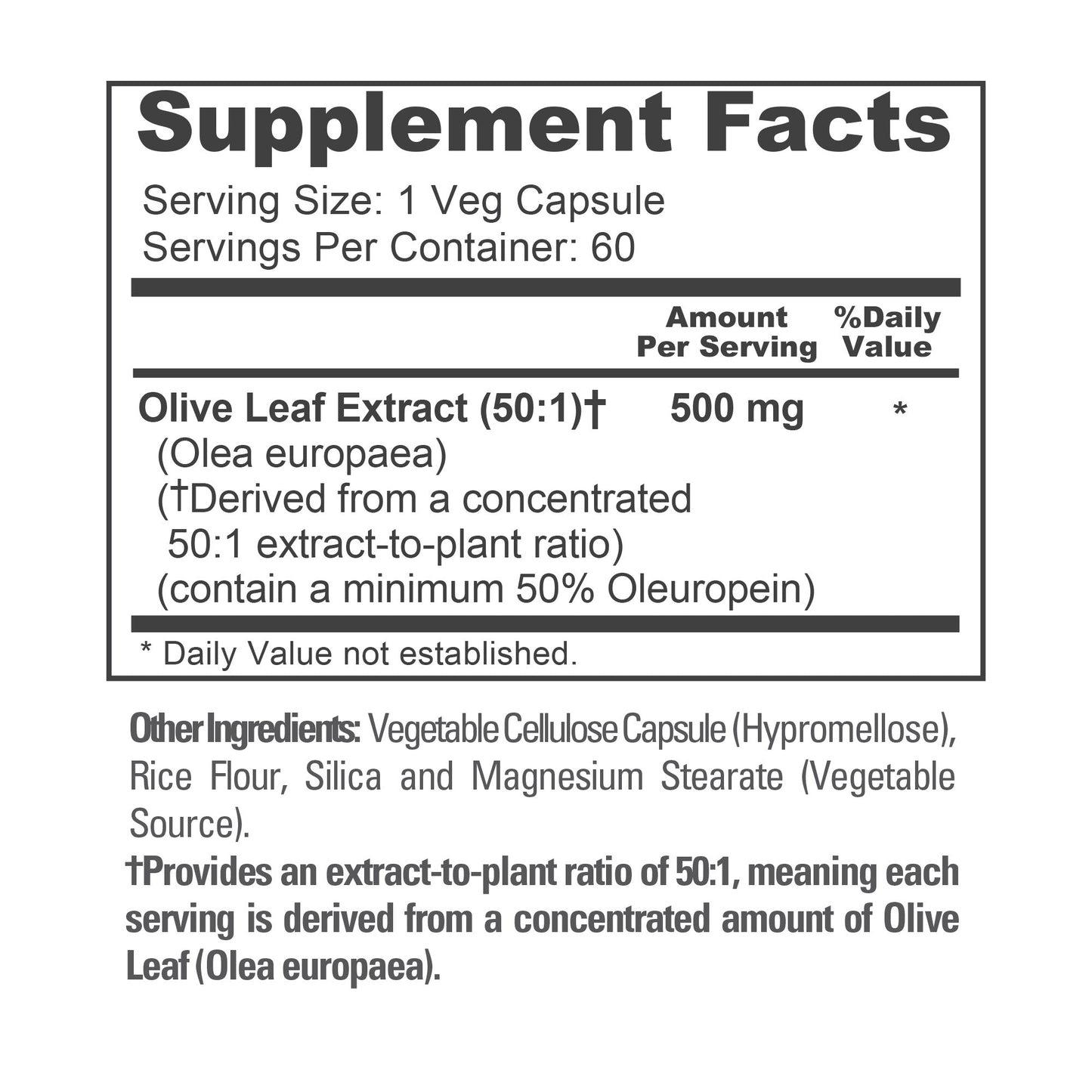 NusaPure Olive Leaf 50:1 Extract, 500 mg - 50% Oleuropein Vegan/Vegetarian - Super Strength No Oil 60 Capsules