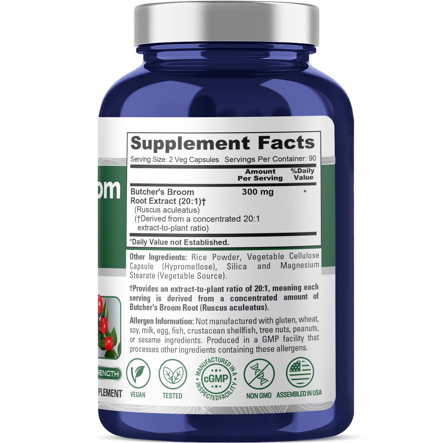 NusaPure Butcher's Broom Root 20:1 Extract, 300 mg Veggie Caps 180 Count (Non-GMO, Vegan)