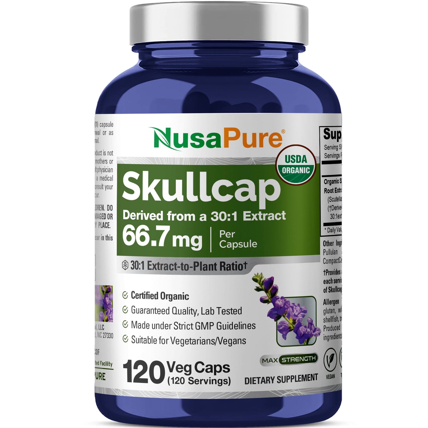 NusaPure Organic Skullcap Root 30:1 Extract, 66.66 mg Per Veggie Caps 120 Count (Non-GMO, Vegan)