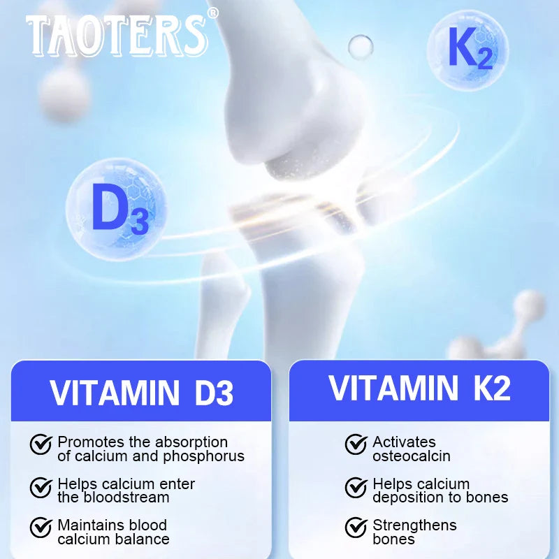 Vitamin D3+K2 supplement supports joint, bone and immune health, promotes calcium absorption and cardiovascular health.