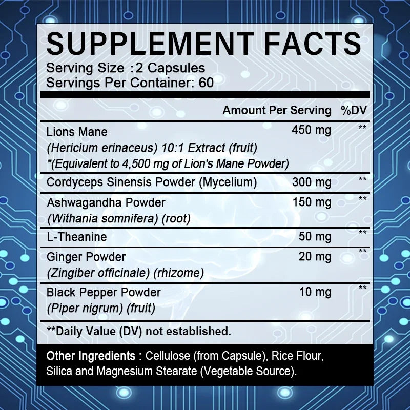 Lion's Mane Cordyceps Extract Cognitive Capsules, enhance memory, improve mental concentration, support immune system balance
