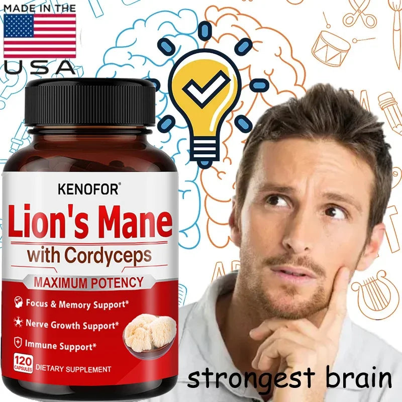 Lion's Mane Cordyceps Extract Cognitive Capsules, enhance memory, improve mental concentration, support immune system balance