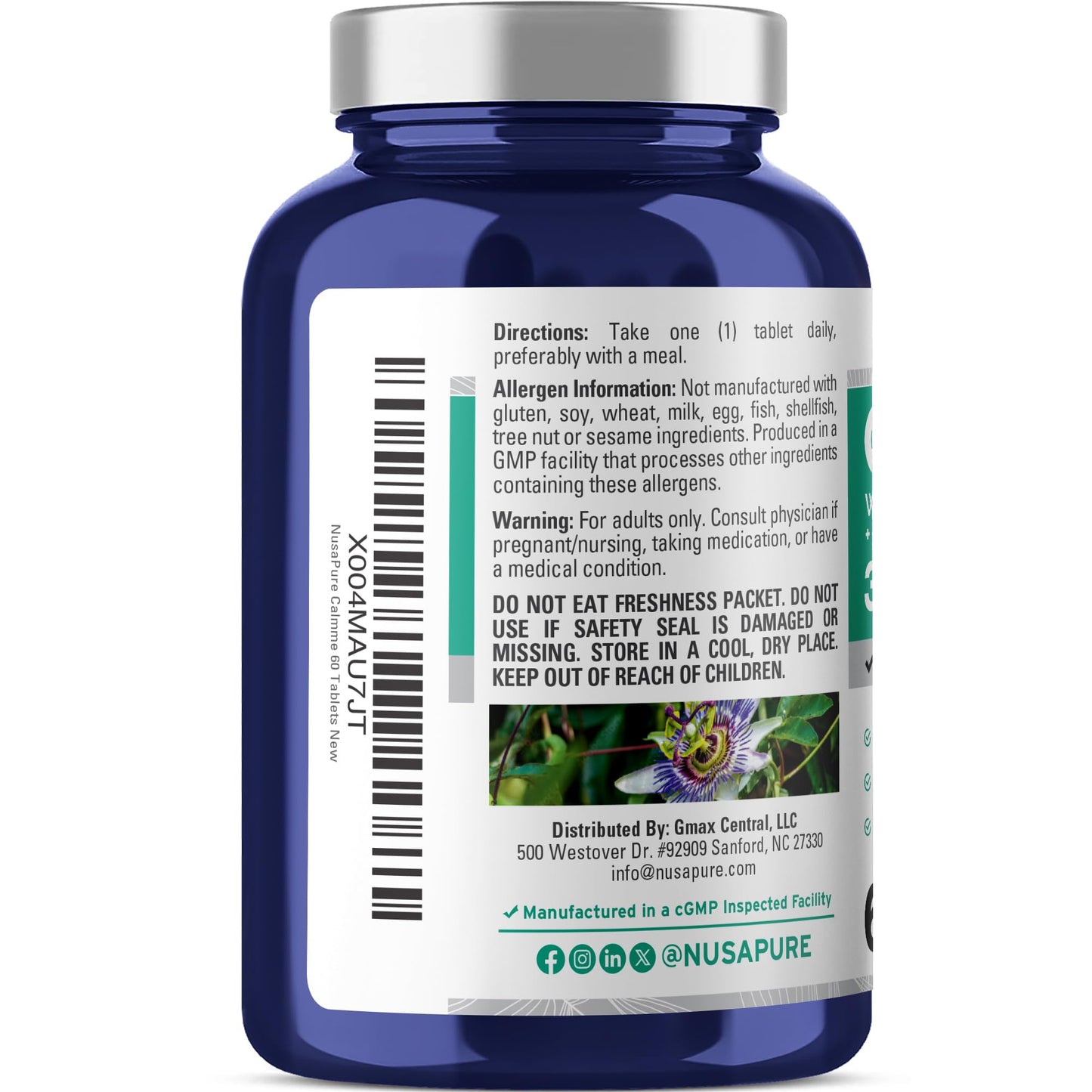 NusaPure Calmme with Valerian Passion Flower Celery Catnip Hops Orange Peel 395 mg 60 Per Tablet Vegetarian/Vegan, Non-GMO