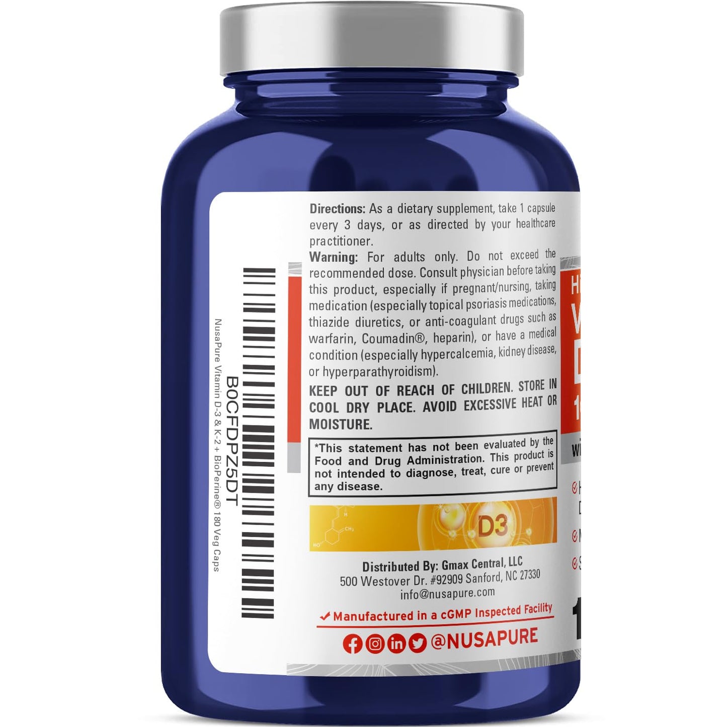 NusaPure Vitamin K2 (MK7) (200mcg) + Vitamin D3 (10000 IU) 180 Veg Caps - Bioperine, Soyfree, Non-GMO