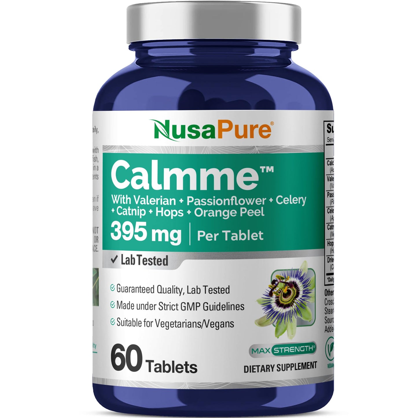 NusaPure Calmme with Valerian Passion Flower Celery Catnip Hops Orange Peel 395 mg 60 Per Tablet Vegetarian/Vegan, Non-GMO