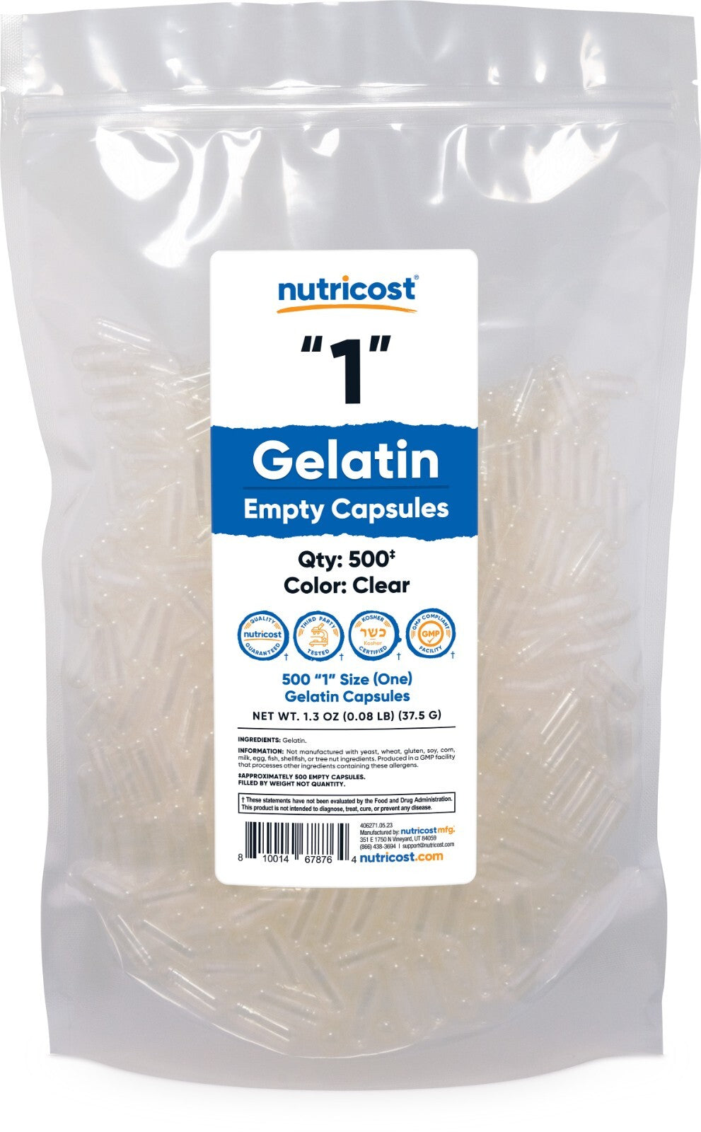 Nutricost Empty Capsules Gelatin Size 1-500 Clear Kosher Empty '1' Gel Capsules