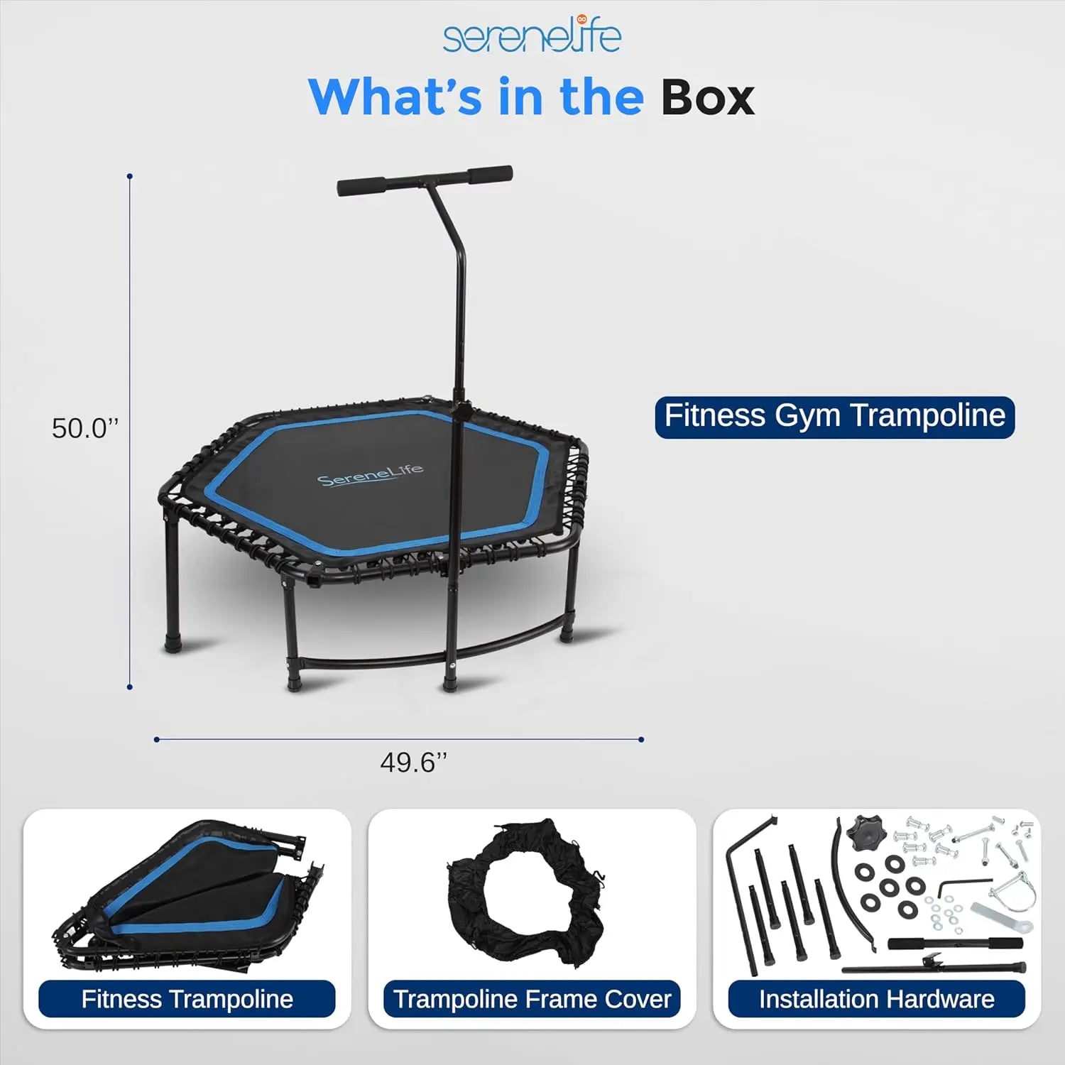 Serenelife 40"/50" Mini Trampoline for Adults - 450/550LBS Fitness Trampoline with Reinforced Springs & Adjustable Safety Handle