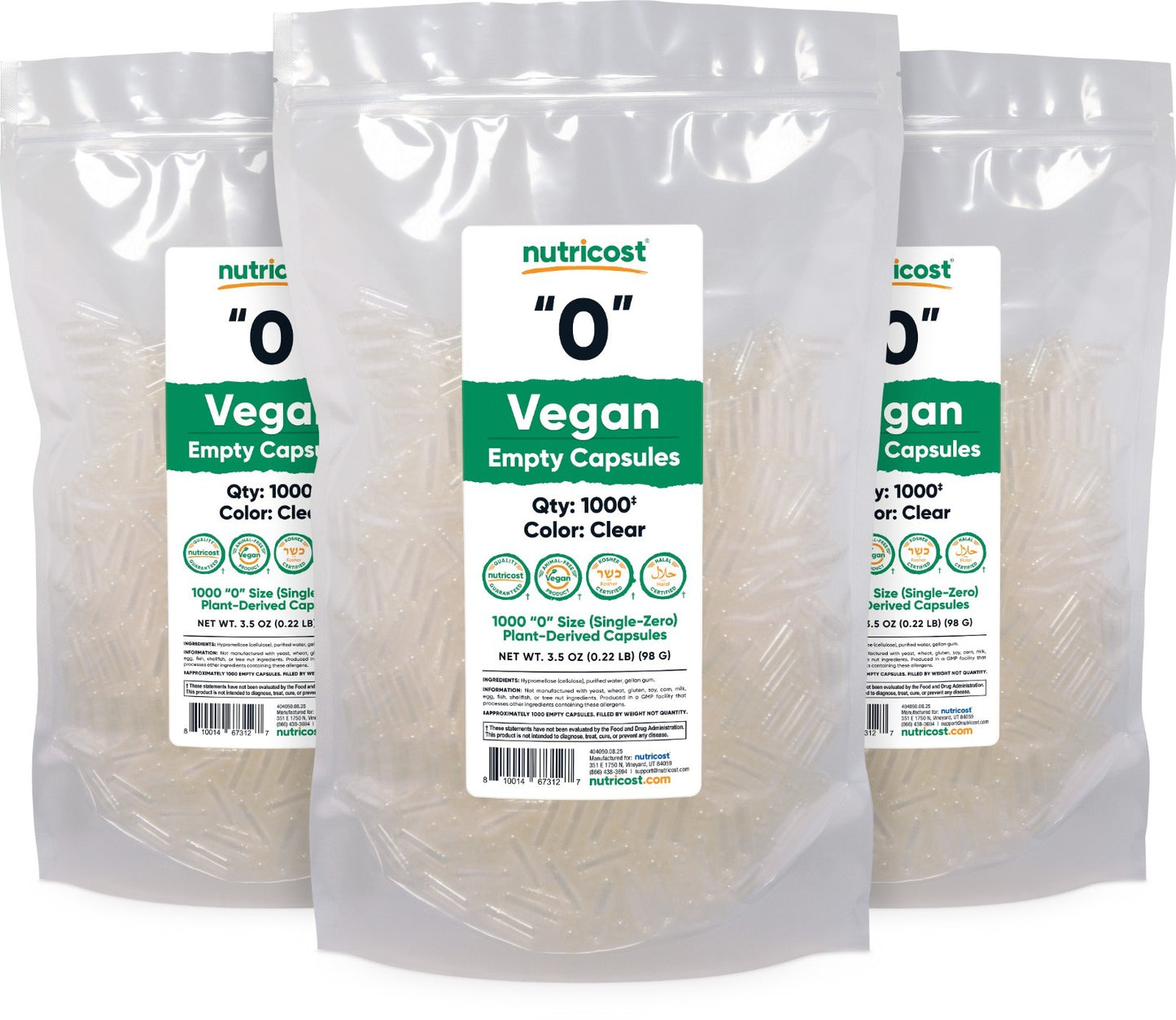 Nutricost Empty Capsules Size 0 Vegan - 1,000 Clear Empty Plant-Based Capsules